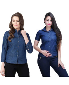 Womens Denim Solid Shirt Buy 1 Get 1 Free Navy Blue Pattern